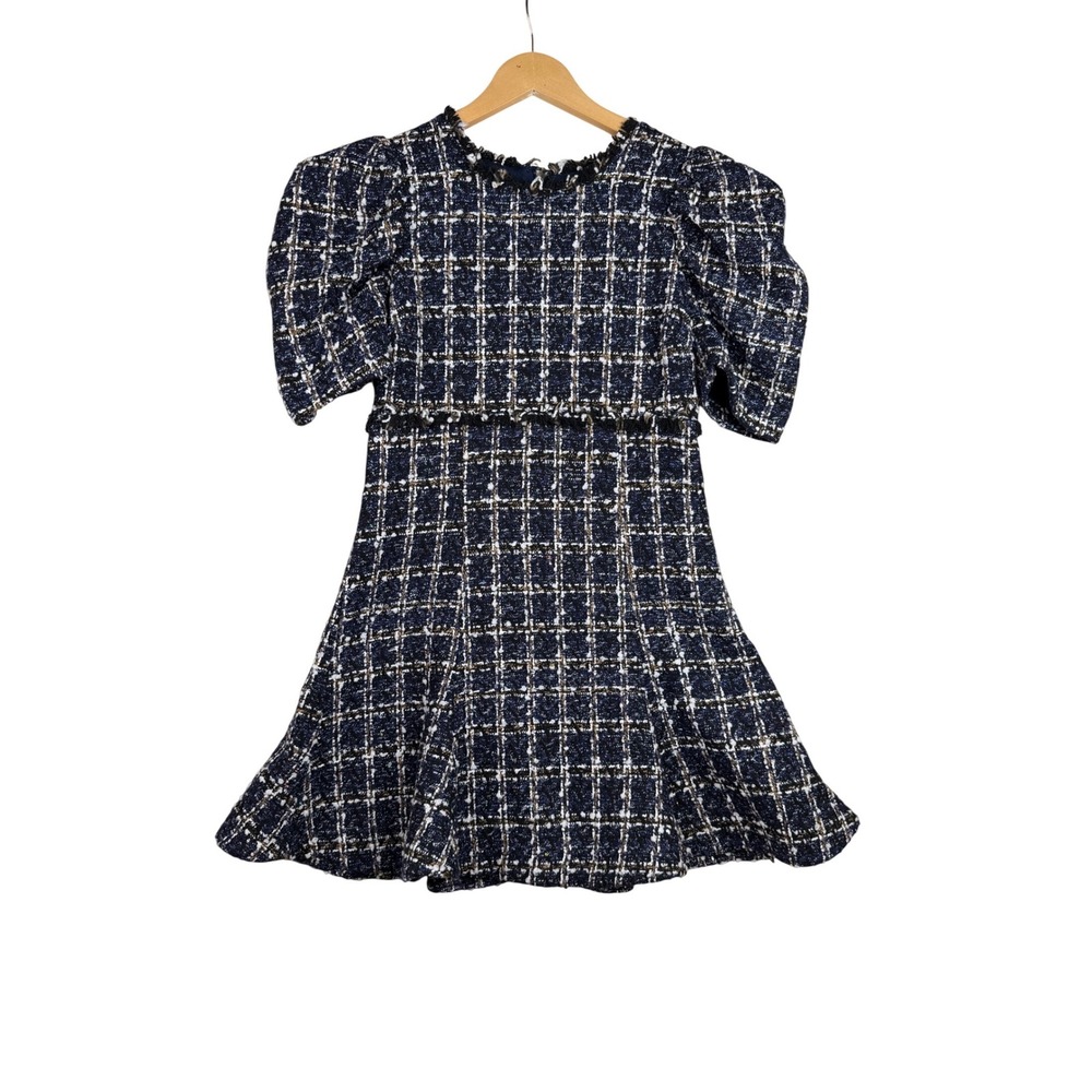 New Likely Alia MultiTweed Half Sleeve Mini Academia Dress size 6 Black/Blue/Wh